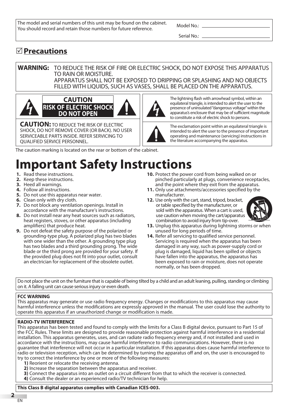 Important safety instructions, Precautions 5, Caution | Caution risk of electric shock do not open, Warning | Sylvania LD195SSX User Manual | Page 2 / 162