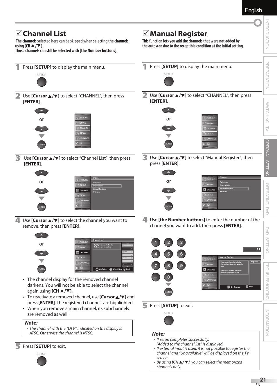 English español français, Channel list, Manual register | Sylvania LD195SSX User Manual | Page 21 / 162