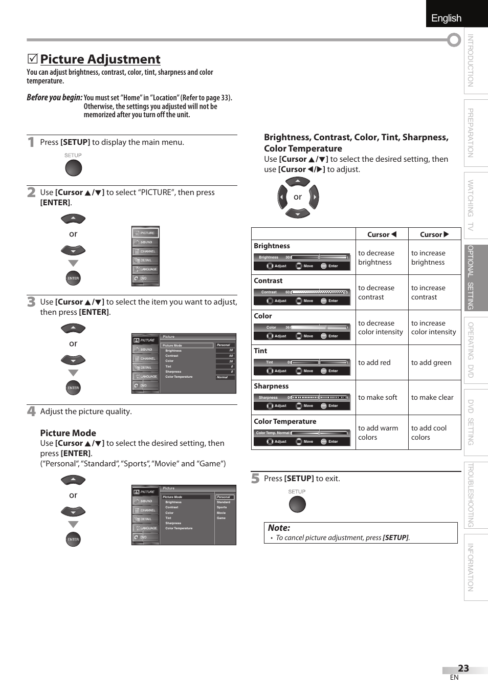 English español français, Picture adjustment, Before you begin | Picture mode, Press [setup] to display the main menu, Adjust the picture quality, Press [setup] to exit | Sylvania LD195SSX User Manual | Page 23 / 162