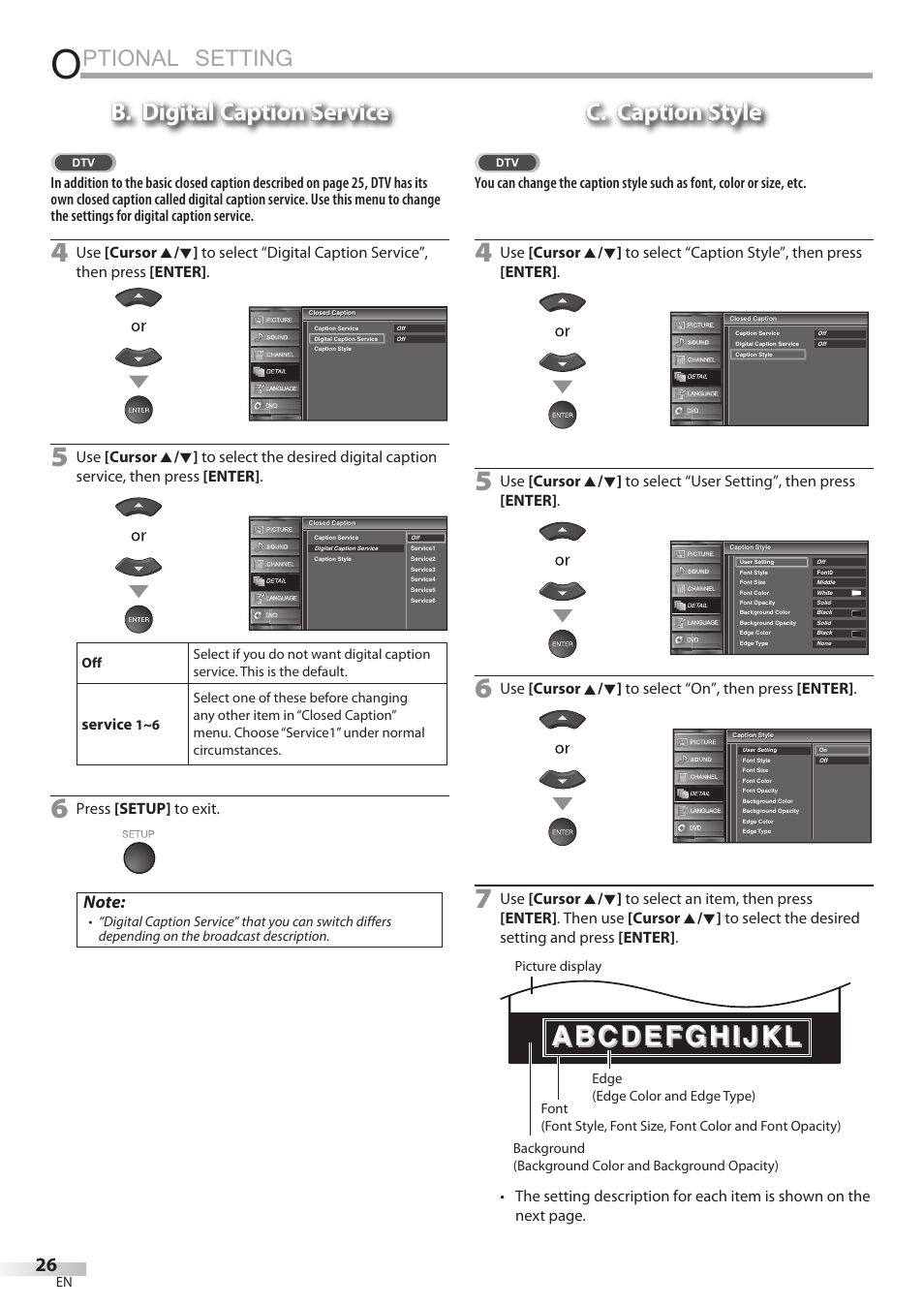 Ptional setting, B. digital caption service, C. caption style | Service, Press [setup] to exit | Sylvania LD195SSX User Manual | Page 26 / 162