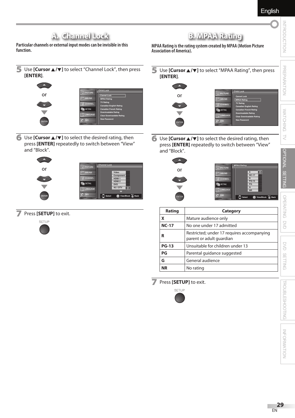 English español français, A. channel lock, B. mpaa rating | Sylvania LD195SSX User Manual | Page 29 / 162