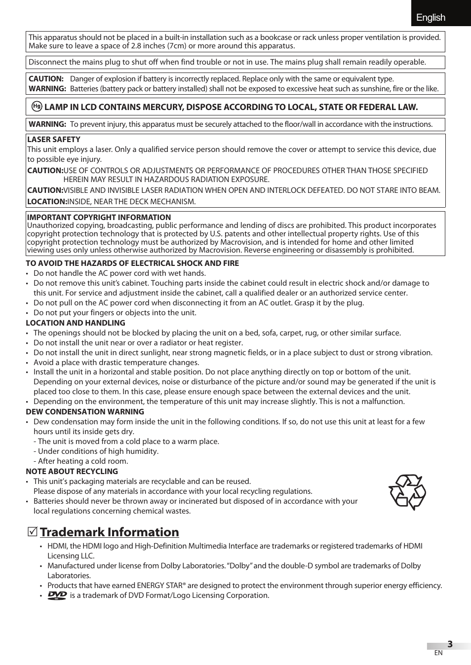 English español français, Trademark information | Sylvania LD195SSX User Manual | Page 3 / 162