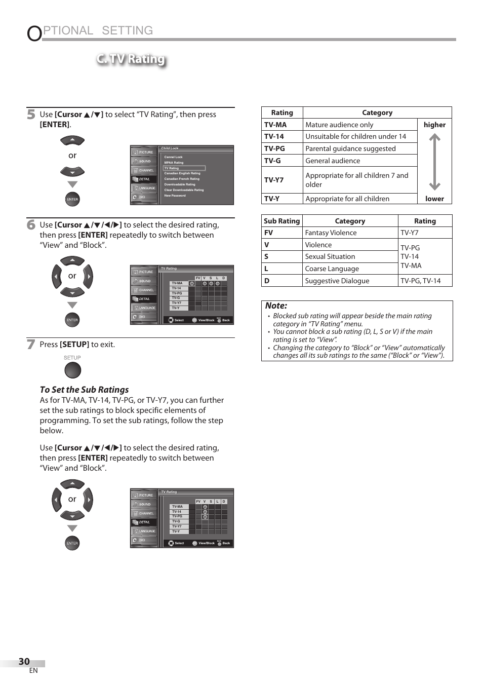 Ptional setting, C. tv rating, Press [setup] to exit | Sylvania LD195SSX User Manual | Page 30 / 162