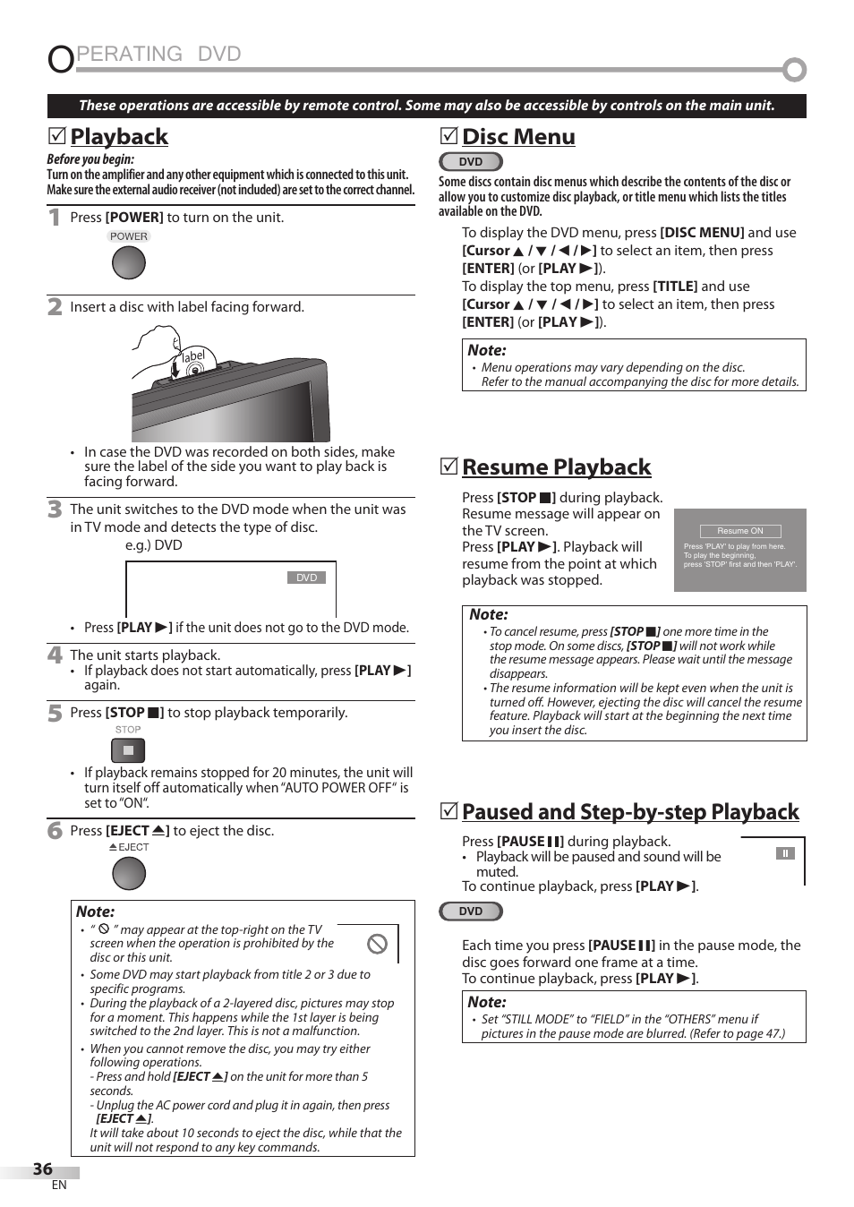 Perating dvd, Playback, Disc menu | Resume playback, Paused and step-by-step playback | Sylvania LD195SSX User Manual | Page 36 / 162