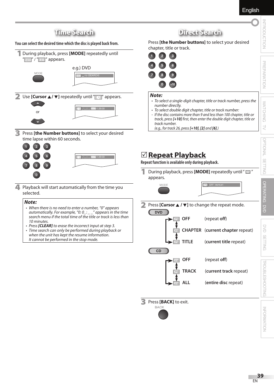 English español français, Time search, Direct search | Repeat playback | Sylvania LD195SSX User Manual | Page 39 / 162