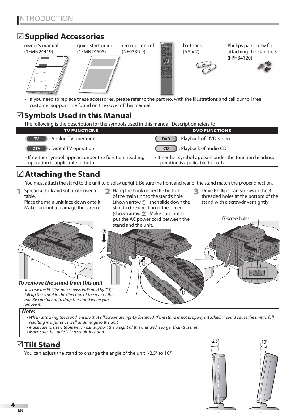 Ntroduction, Supplied accessories 5 attaching the stand, Tilt stand | Symbols used in this manual | Sylvania LD195SSX User Manual | Page 4 / 162