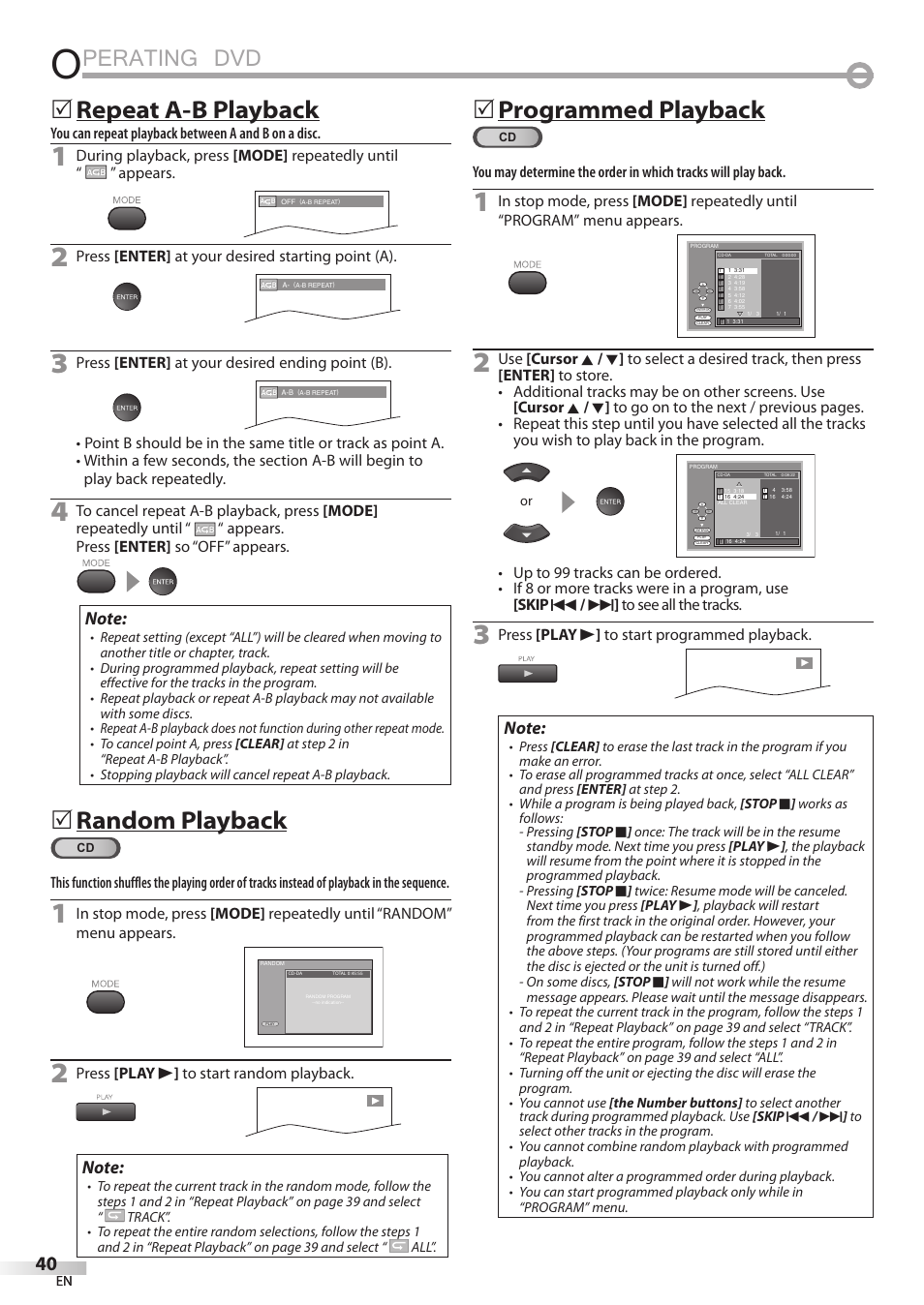 Perating dvd, Repeat a-b playback, Random playback | 5programmed playback | Sylvania LD195SSX User Manual | Page 40 / 162