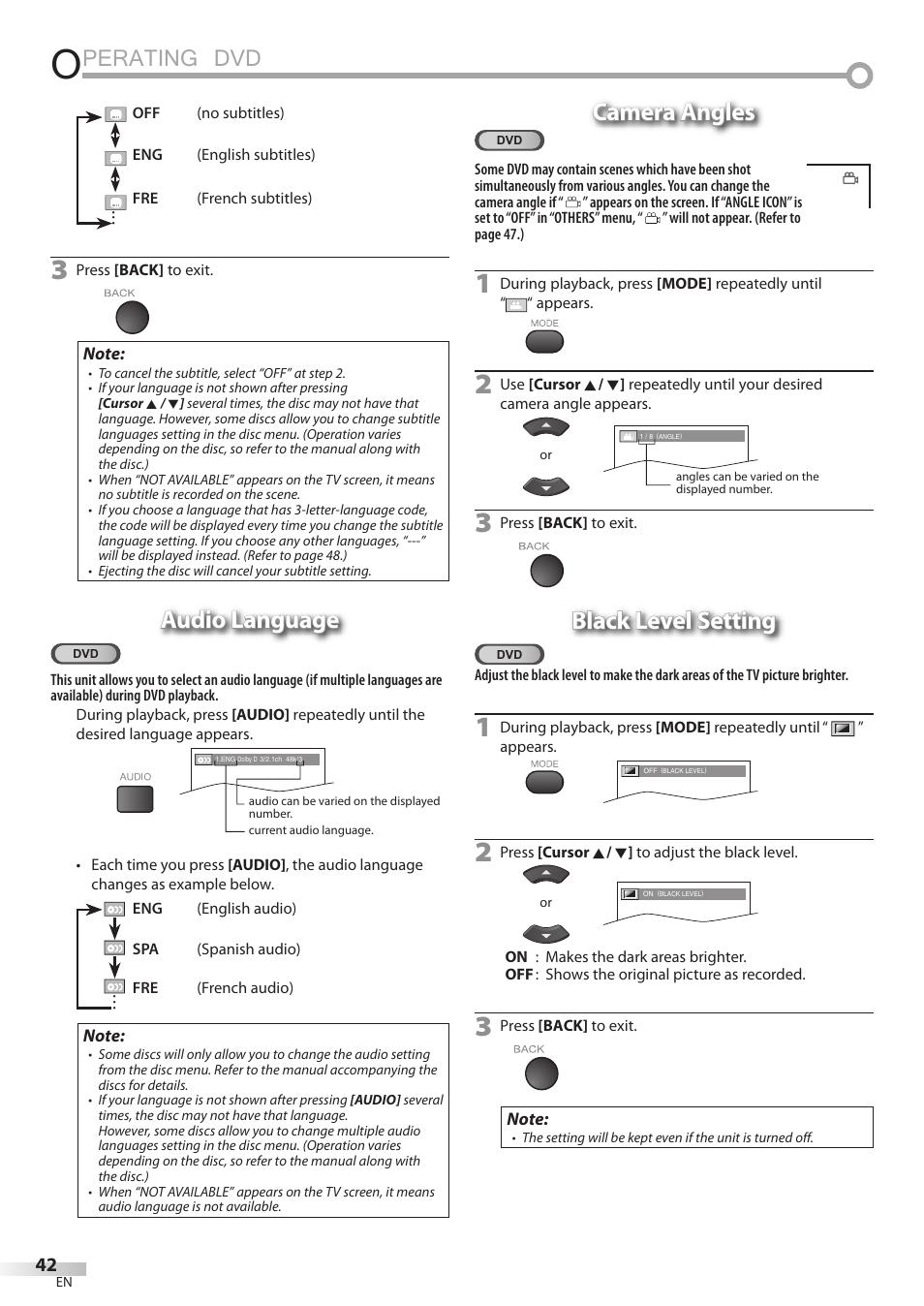 Perating dvd, Audio language, Camera angles | Black level setting | Sylvania LD195SSX User Manual | Page 42 / 162