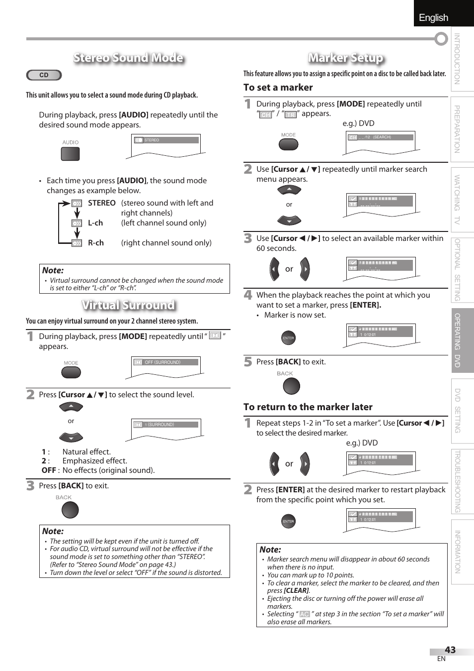 English español français, Stereo sound mode, Virtual surround | Marker setup | Sylvania LD195SSX User Manual | Page 43 / 162