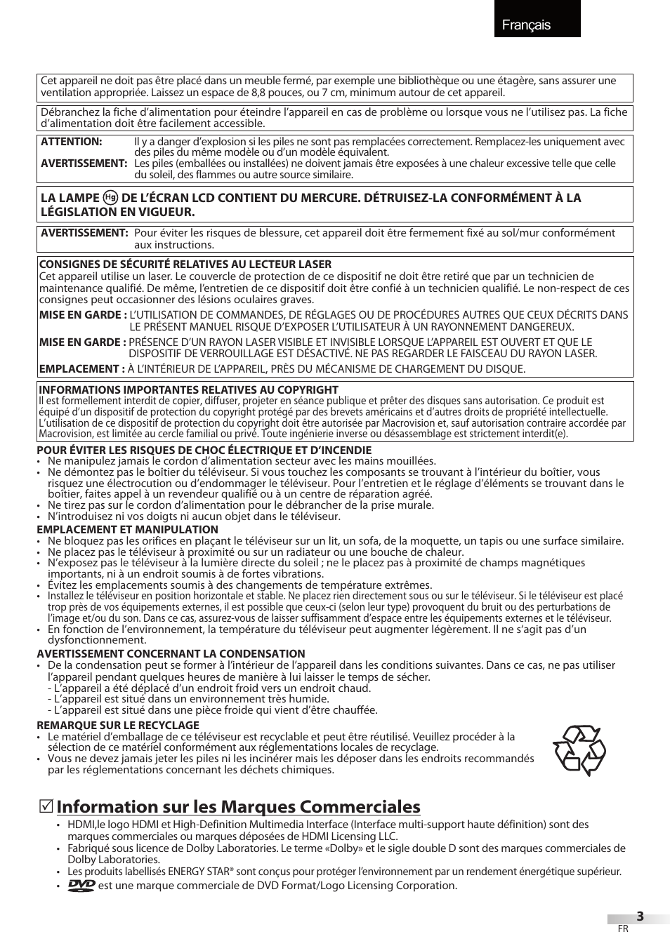 Français, Information sur les marques commerciales | Sylvania LD195SSX User Manual | Page 57 / 162