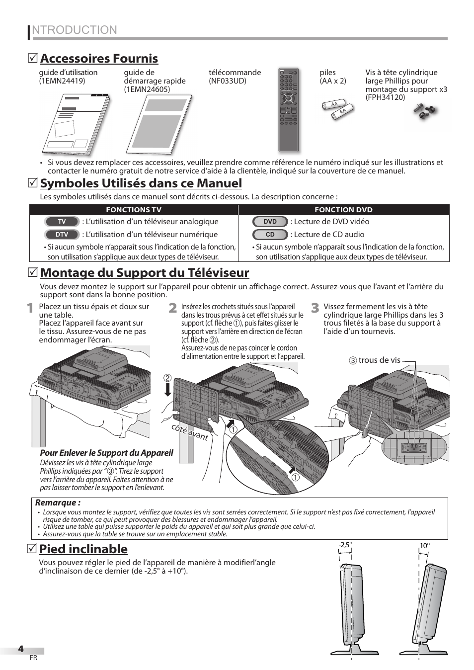 Ntroduction, Montage du support du téléviseur, 5accessoires fournis 5 | Symboles utilisés dans ce manuel, Pied inclinable | Sylvania LD195SSX User Manual | Page 58 / 162