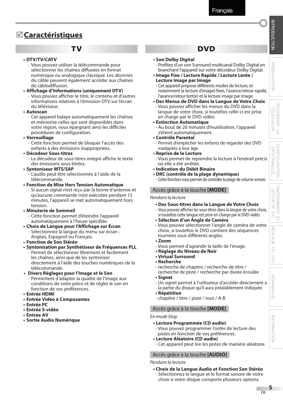 Français, Tv dvd, Caractéristiques 5 | Sylvania LD195SSX User Manual | Page 59 / 162