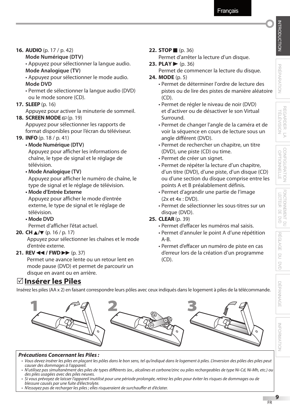 Français, Insérer les piles | Sylvania LD195SSX User Manual | Page 63 / 162