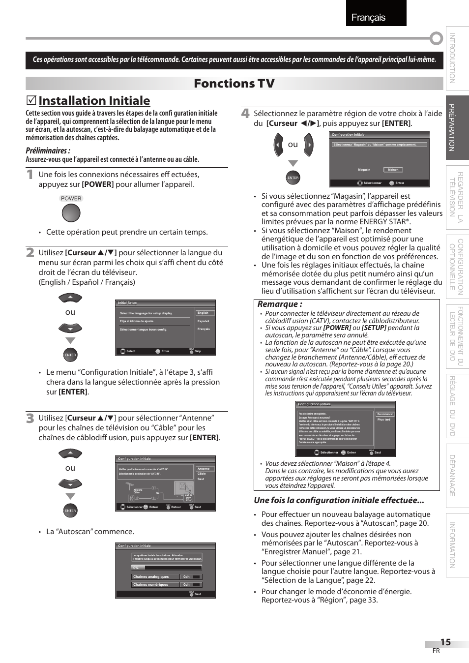 Français, Installation initiale, Fonctions tv | Préliminaires, Remarque, Une fois la configuration initiale effectuée | Sylvania LD195SSX User Manual | Page 69 / 162