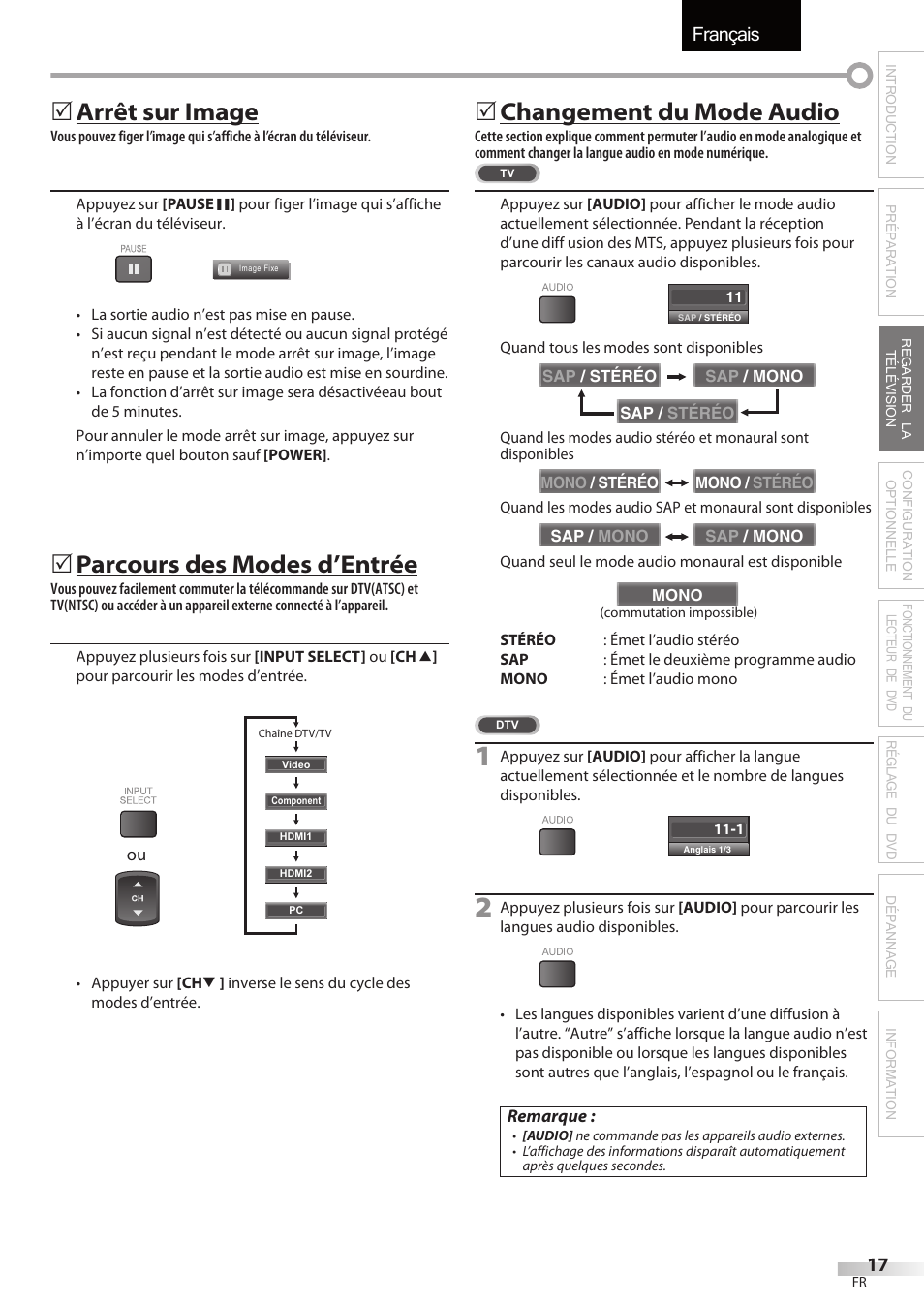 Français, Arrêt sur image, Parcours des modes d’entrée | Changement du mode audio | Sylvania LD195SSX User Manual | Page 71 / 162