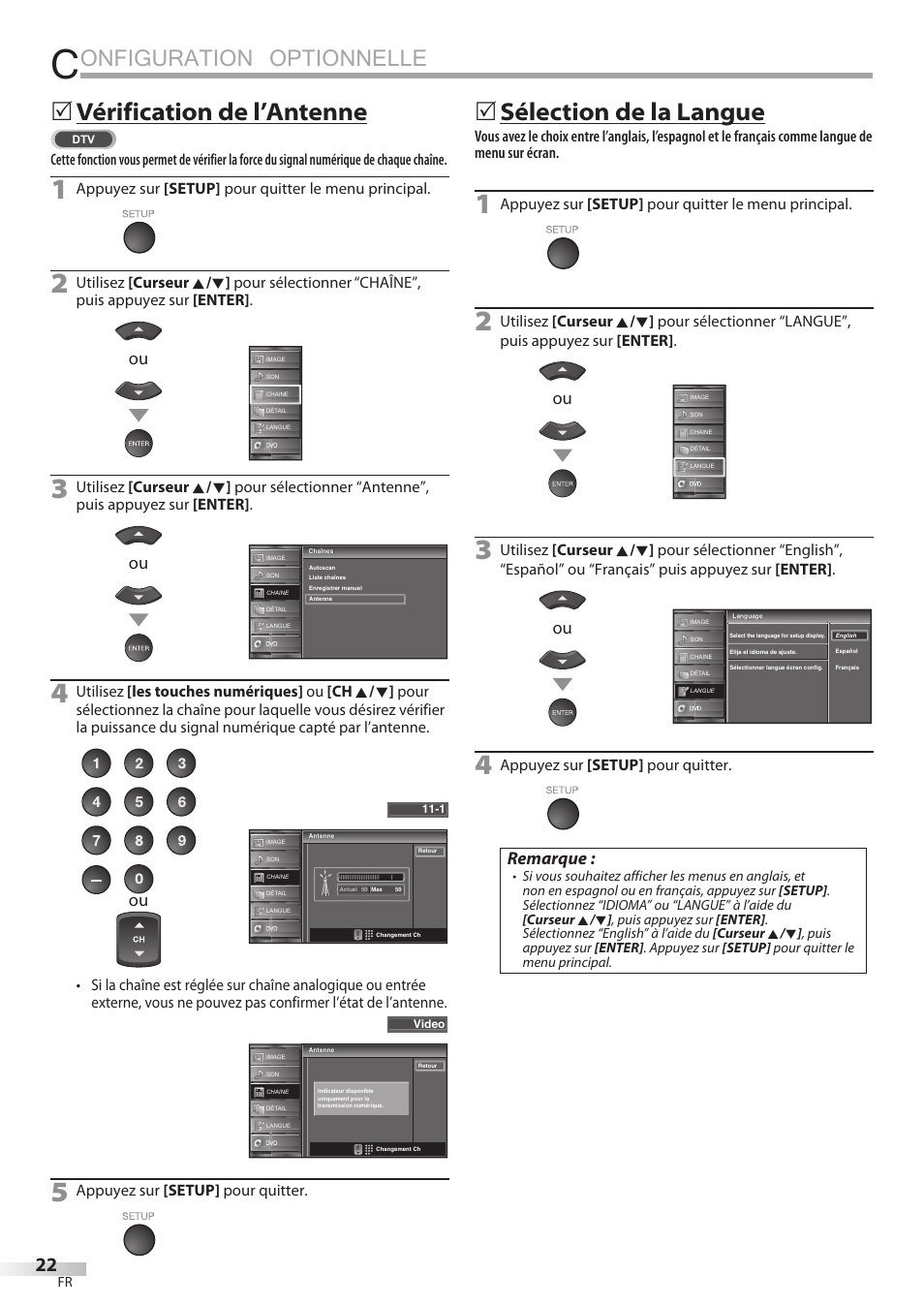 Onfiguration optionnelle, Vérification de l’antenne, Sélection de la langue | Remarque | Sylvania LD195SSX User Manual | Page 76 / 162