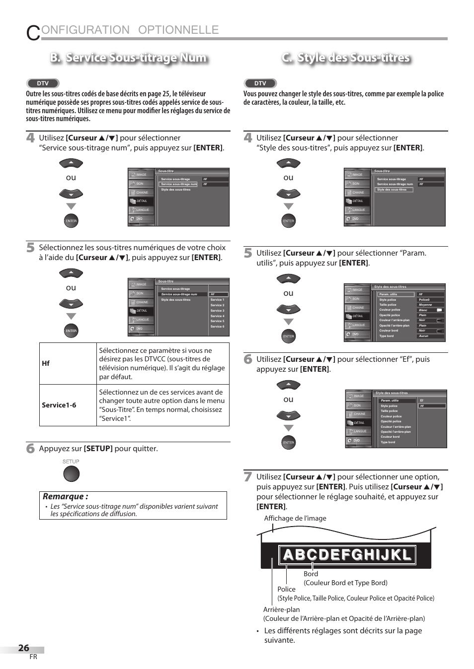 Onfiguration optionnelle, B. service sous-titrage num, C. style des sous-titres | Remarque, Appuyez sur [setup] pour quitter | Sylvania LD195SSX User Manual | Page 80 / 162