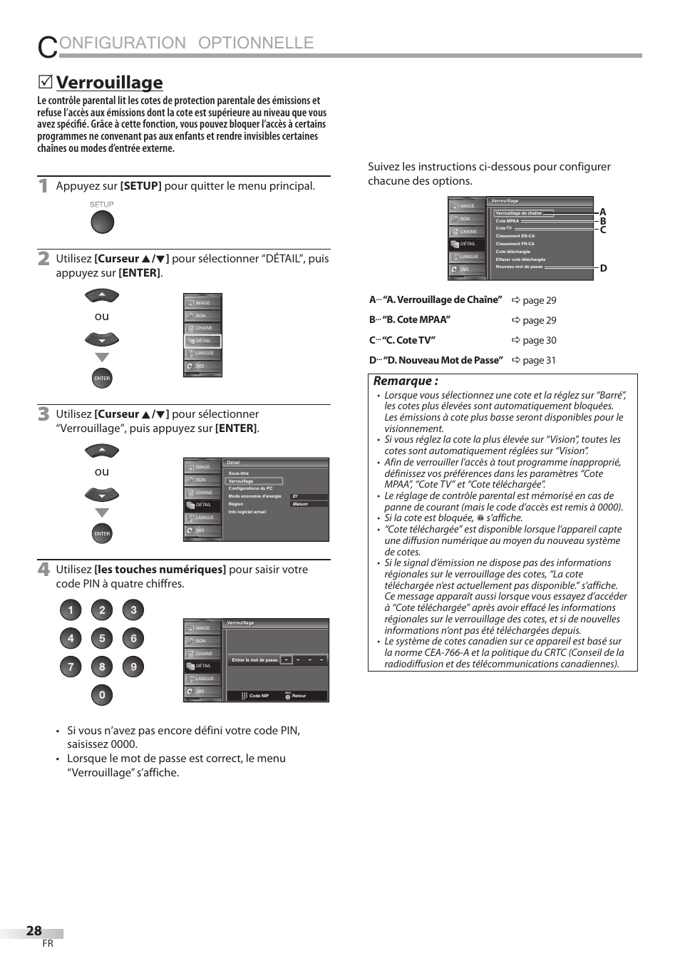 Onfiguration optionnelle, Verrouillage, Remarque | Appuyez sur [setup] pour quitter le menu principal | Sylvania LD195SSX User Manual | Page 82 / 162