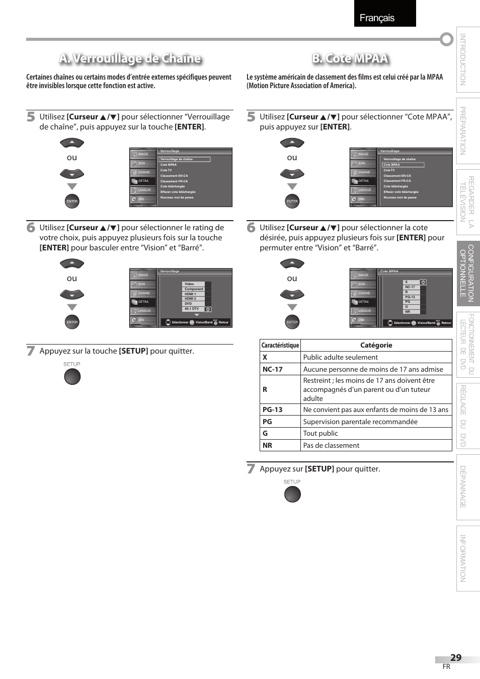 Français, A. verrouillage de chaîne, B. cote mpaa | Appuyez sur la touche [setup] pour quitter, Appuyez sur [setup] pour quitter | Sylvania LD195SSX User Manual | Page 83 / 162