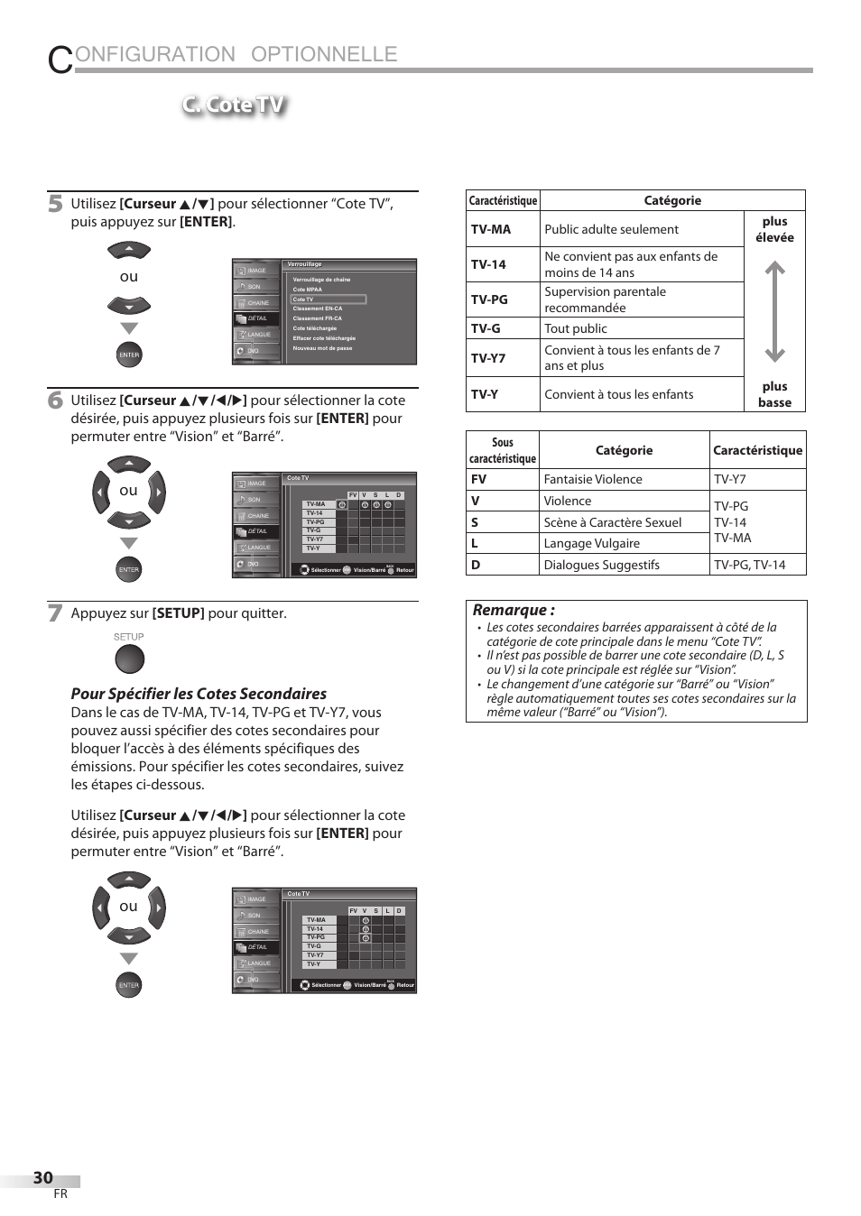 Onfiguration optionnelle, C. cote tv, Pour spécifier les cotes secondaires | Remarque, Appuyez sur [setup] pour quitter | Sylvania LD195SSX User Manual | Page 84 / 162