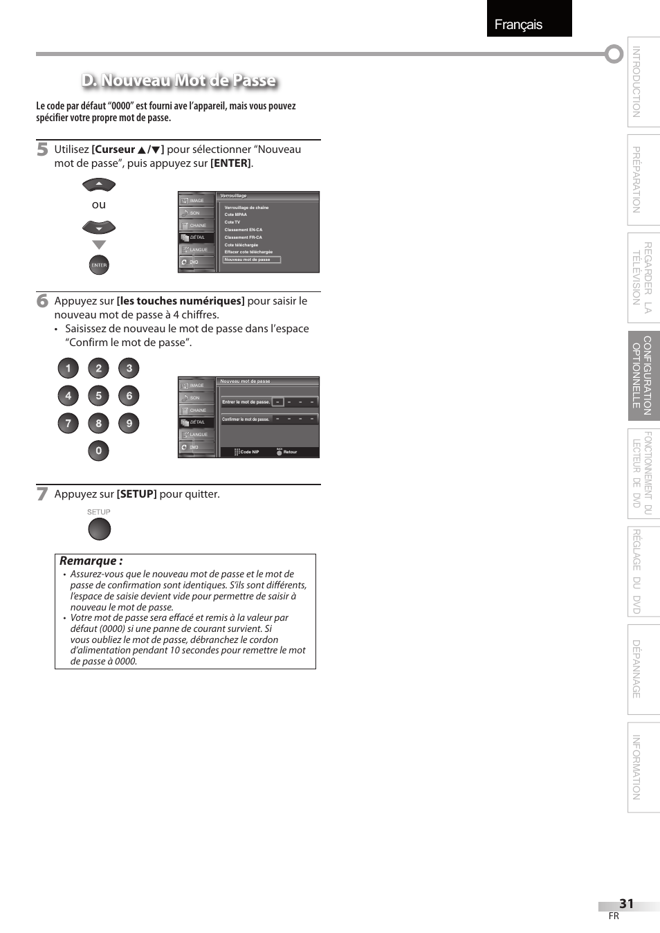 Français, D. nouveau mot de passe, Remarque | Sylvania LD195SSX User Manual | Page 85 / 162