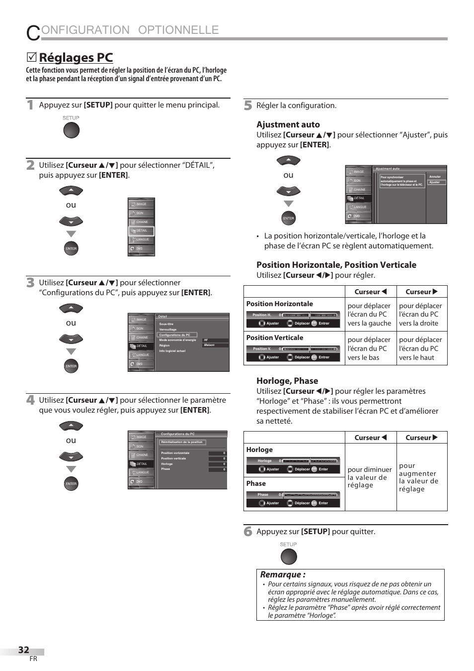 Onfiguration optionnelle, Réglages pc, Ajustment auto | Position horizontale, position verticale, Horloge, phase, Remarque, Appuyez sur [setup] pour quitter le menu principal, Régler la configuration, Utilisez [curseur s / b ] pour régler, Appuyez sur [setup] pour quitter | Sylvania LD195SSX User Manual | Page 86 / 162