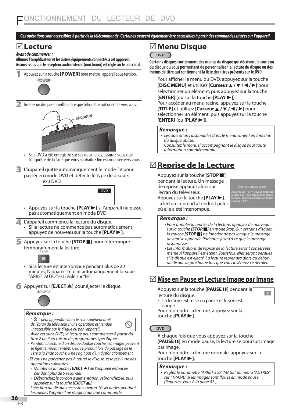 Onctionnement du lecteur de dvd, Lecture, Menu disque | Reprise de la lecture, Mise en pause et lecture image par image | Sylvania LD195SSX User Manual | Page 90 / 162