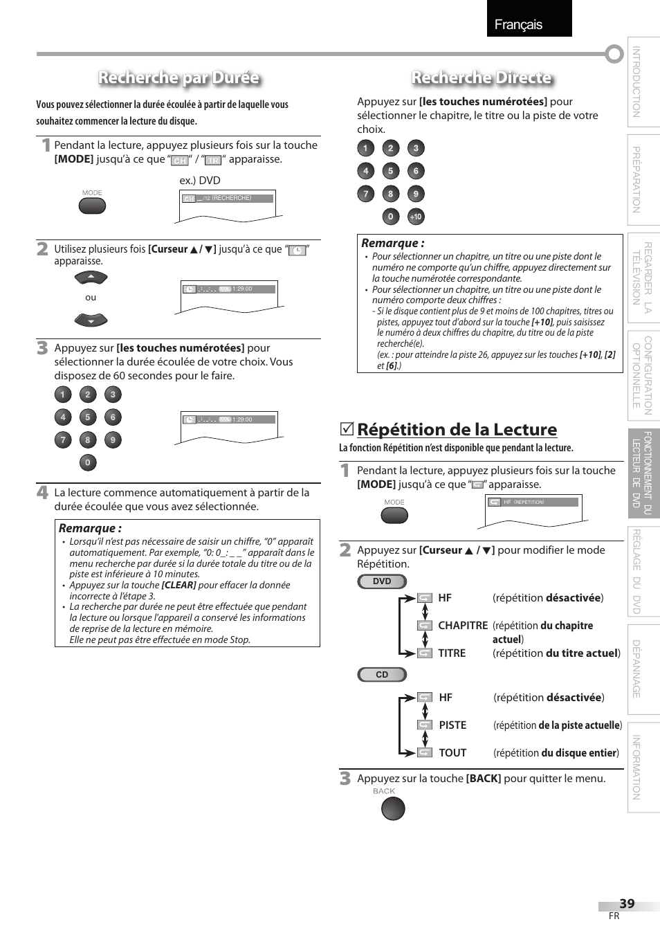 Français, Recherche par durée, Recherche directe | Répétition de la lecture | Sylvania LD195SSX User Manual | Page 93 / 162