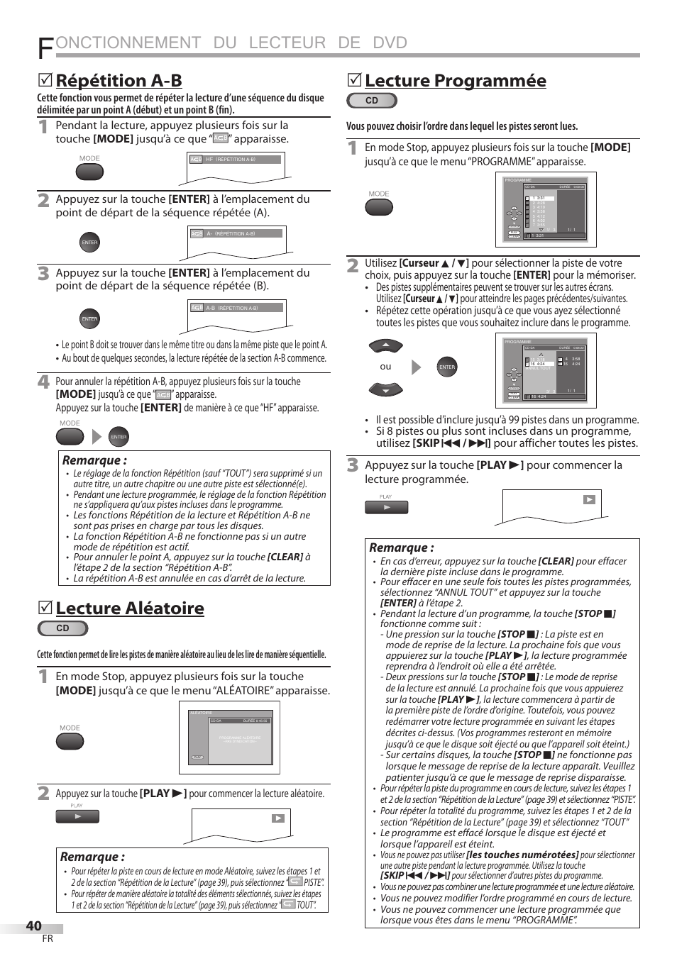Onctionnement du lecteur de dvd, Répétition a-b, Lecture aléatoire | 5lecture programmée, Remarque | Sylvania LD195SSX User Manual | Page 94 / 162
