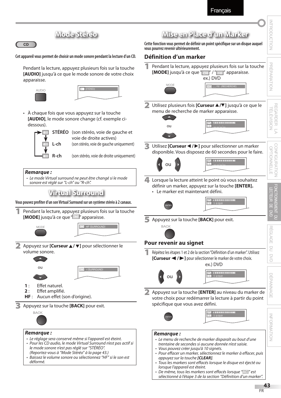 Français, Mode stéréo, Virtual surround | Mise en place d’un marker | Sylvania LD195SSX User Manual | Page 97 / 162