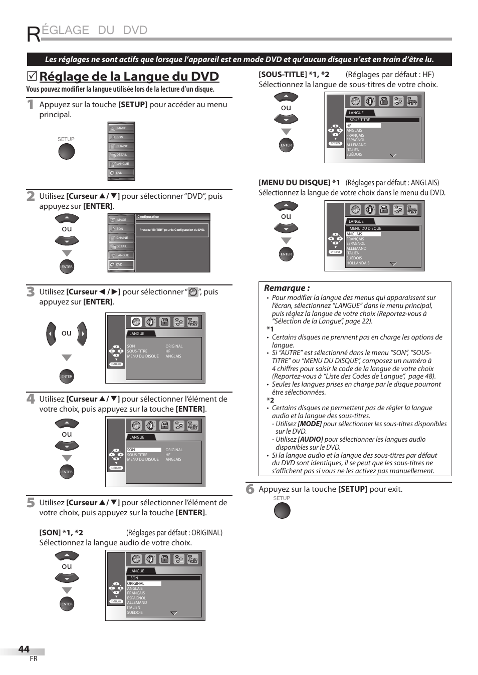 Églage du dvd, Réglage de la langue du dvd, Remarque | Sylvania LD195SSX User Manual | Page 98 / 162