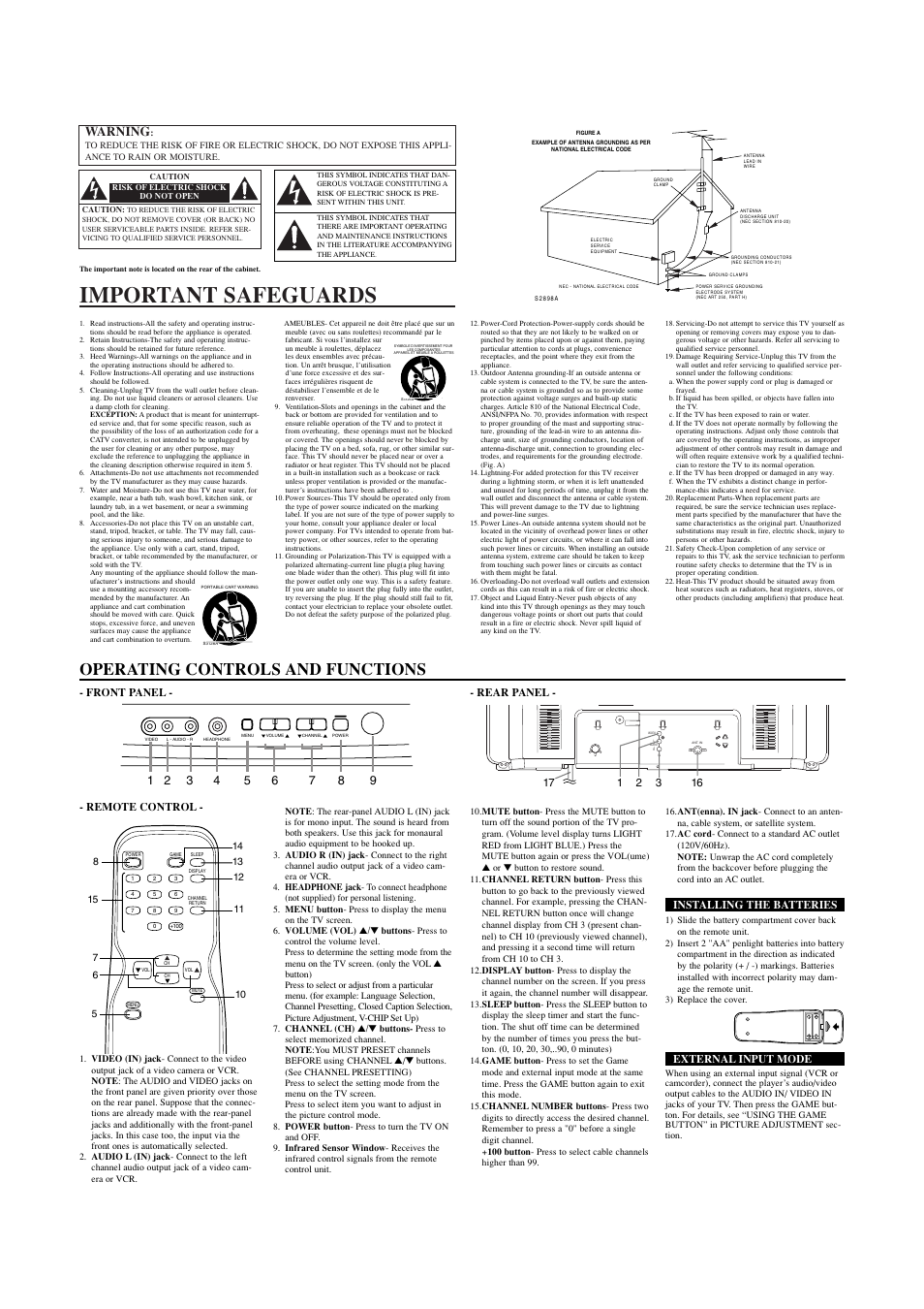 Important safeguards, Operating controls and functions, Warning | Front panel - - rear panel, Remote control, Installing the batteries, External input mode | Sylvania 6427TE User Manual | Page 2 / 4