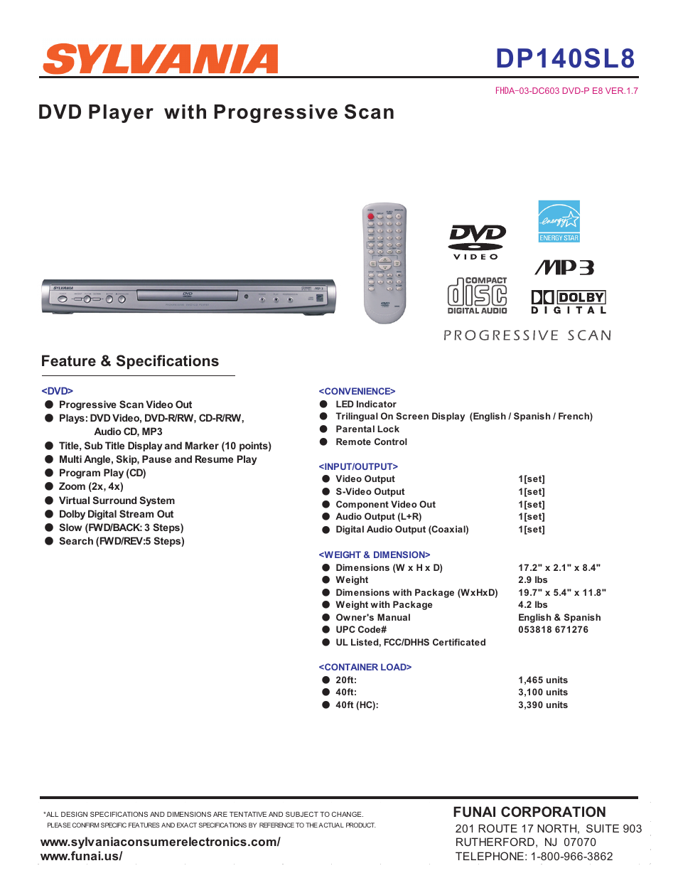 Sylvania DP140SL8 User Manual | 1 page