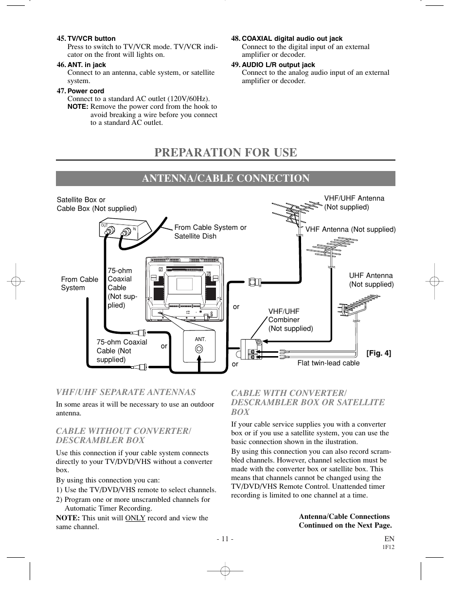 Preparation for use, Antenna/cable connection, Cable without converter/ descrambler box | Vhf/uhf separate antennas | Sylvania SSC719B User Manual | Page 11 / 64