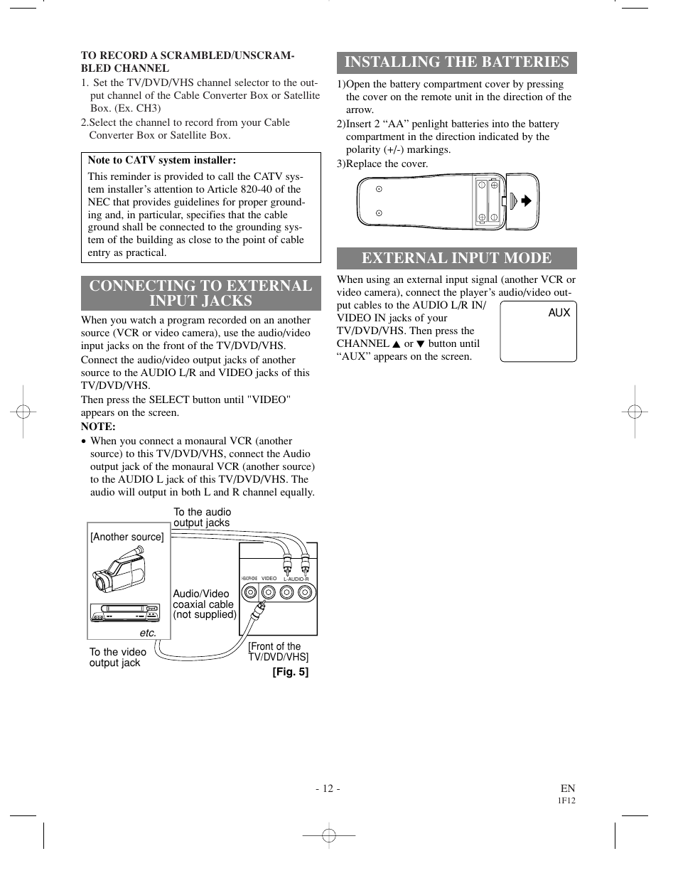 Installing the batteries, External input mode, Connecting to external input jacks | Sylvania SSC719B User Manual | Page 12 / 64