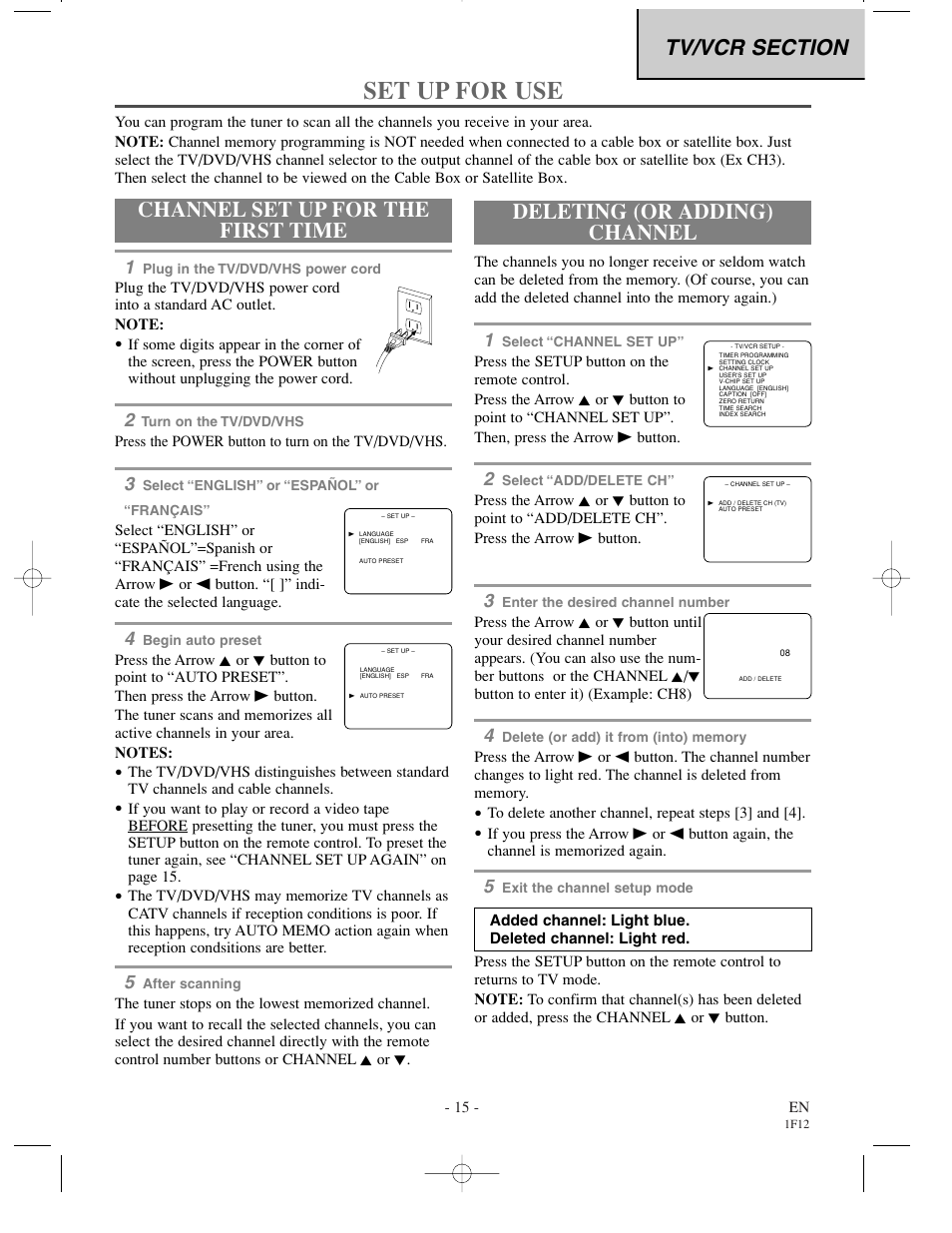 Set up for use, Channel set up for the first time, Deleting (or adding) channel | Sylvania SSC719B User Manual | Page 15 / 64