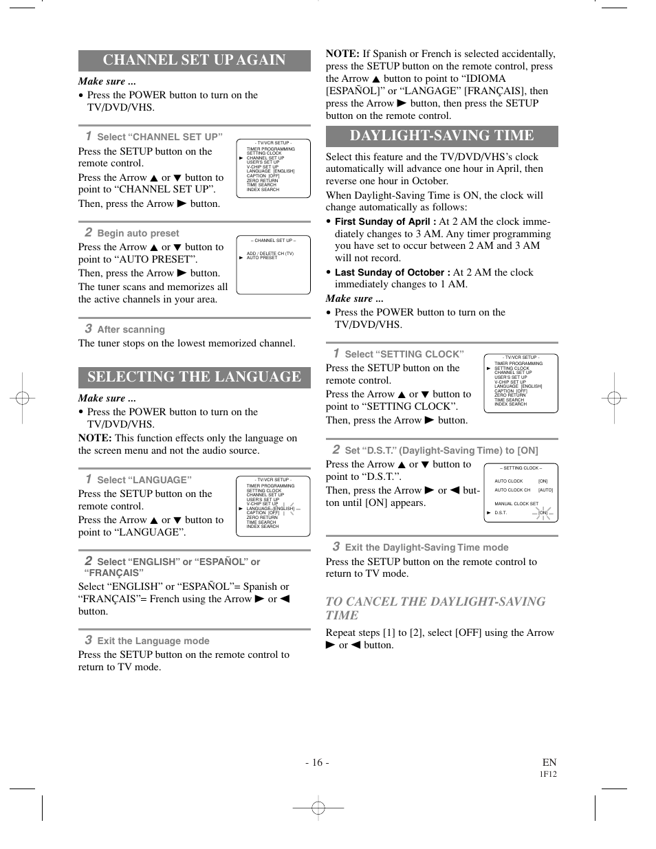 Channel set up again, Selecting the language, Daylight-saving time | Sylvania SSC719B User Manual | Page 16 / 64