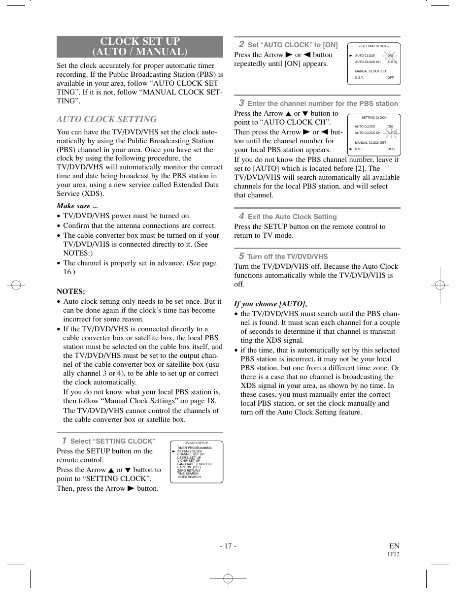 Clock set up (auto / manual), Auto clock setting | Sylvania SSC719B User Manual | Page 17 / 64