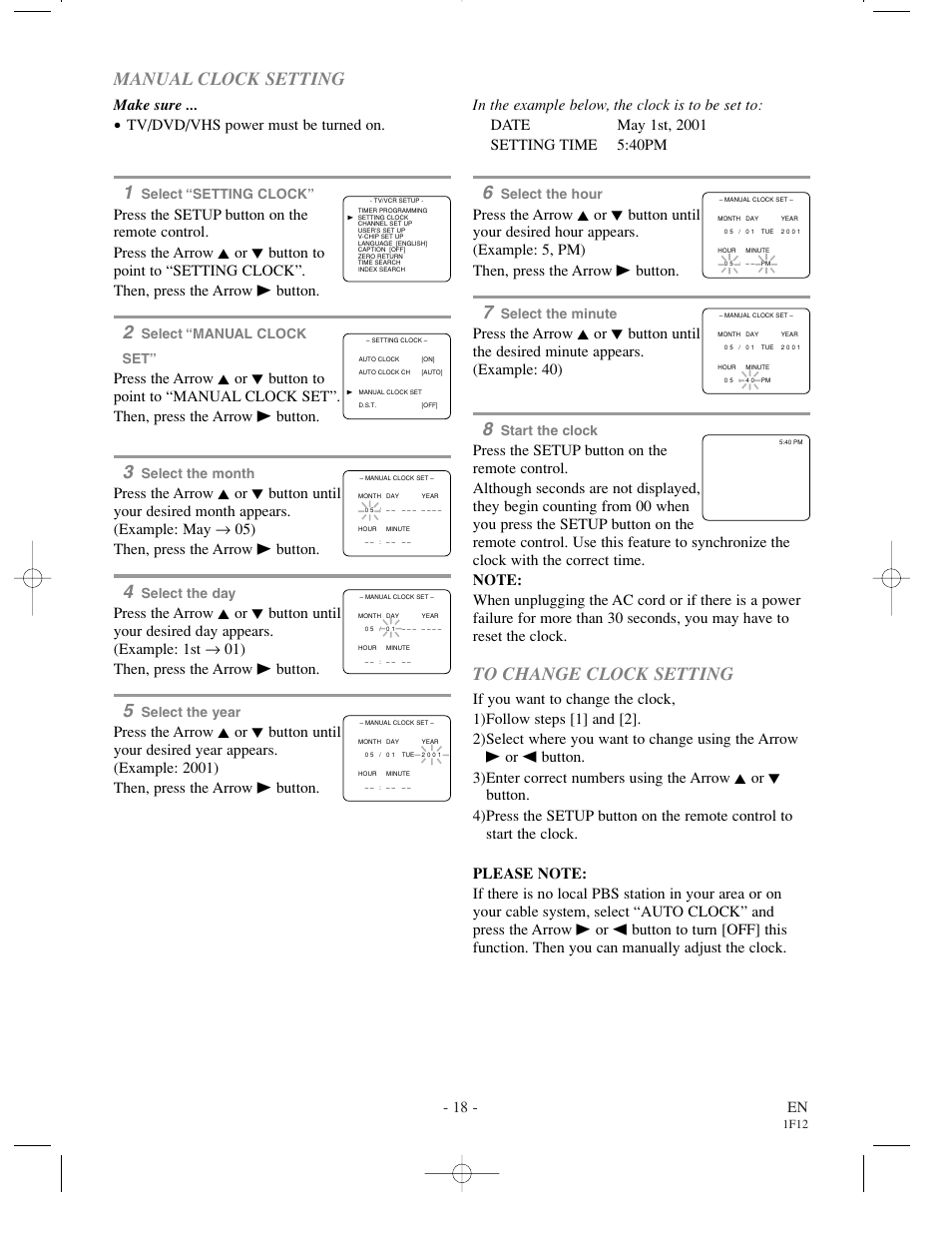 Manual clock setting, 18 - en, Make sure | Select “setting clock, Select “manual clock set, Select the month, Select the day, Select the year, Select the hour, Select the minute | Sylvania SSC719B User Manual | Page 18 / 64