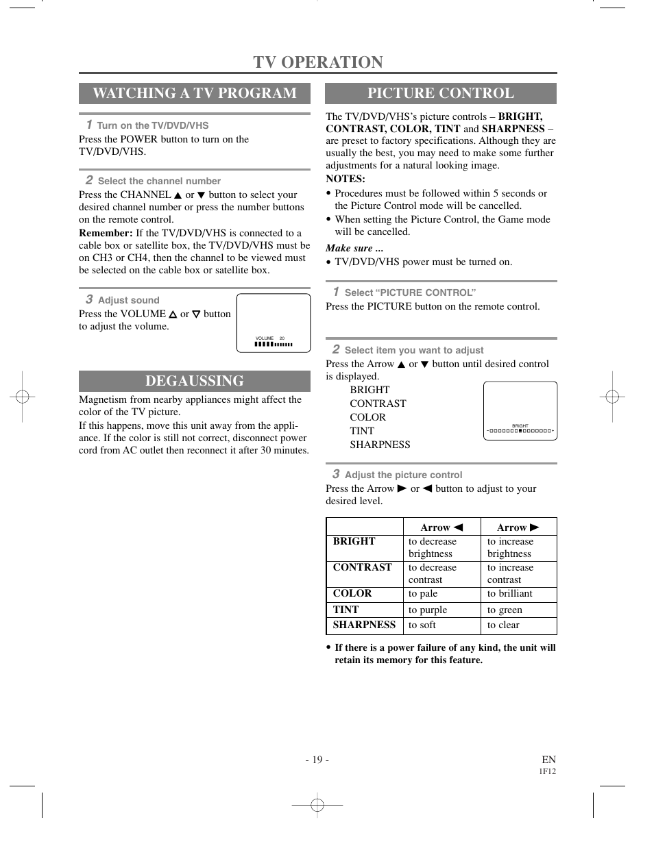 Tv operation, Degaussing, Watching a tv program | Picture control | Sylvania SSC719B User Manual | Page 19 / 64