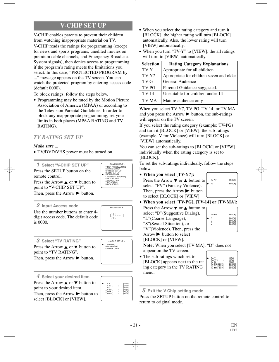 V-chip set up, Tv rating set up, 21 - en | Make sure, Tv/dvd/vhs power must be turned on | Sylvania SSC719B User Manual | Page 21 / 64