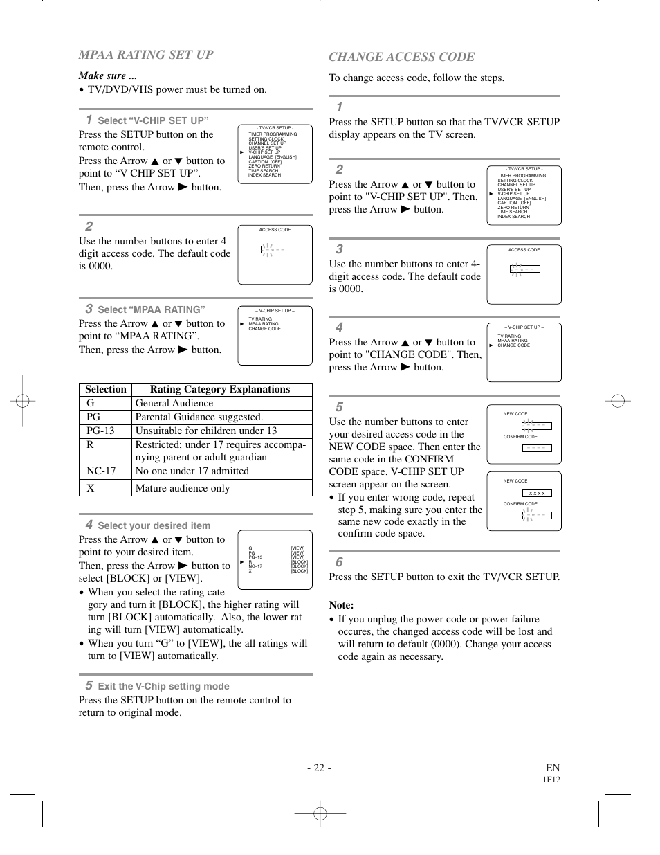 Mpaa rating set up, Change access code | Sylvania SSC719B User Manual | Page 22 / 64