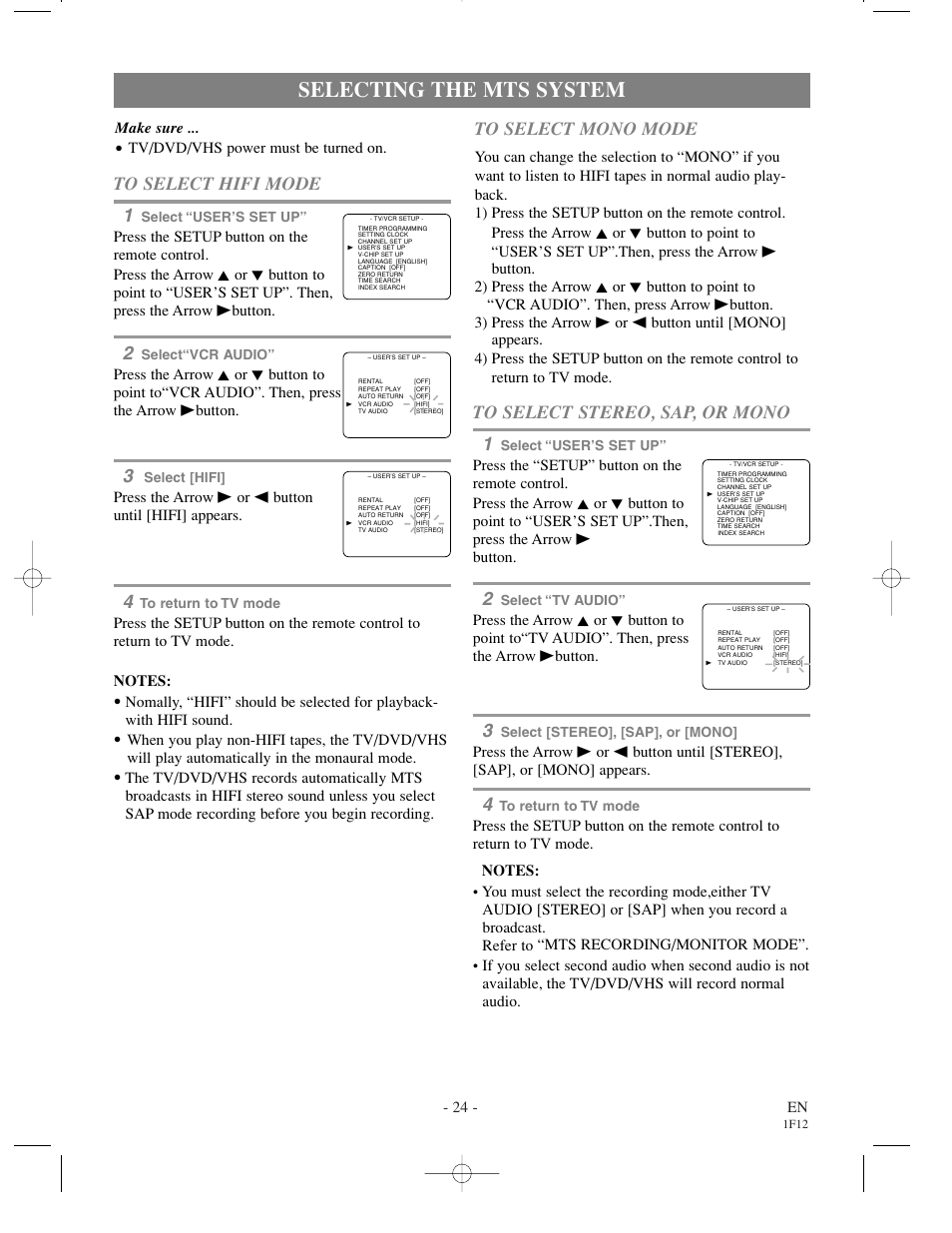 Selecting the mts system, 24 - en, Make sure | Tv/dvd/vhs power must be turned on, Press the arrow b or s button until [hifi] appears | Sylvania SSC719B User Manual | Page 24 / 64