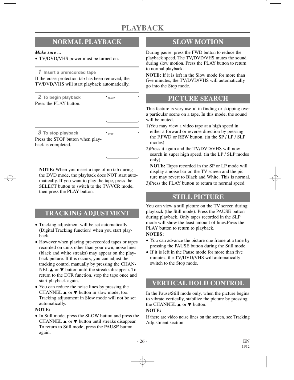 Playback, Normal playback, Tracking adjustment | Picture search, Still picture, Vertical hold control, Slow motion | Sylvania SSC719B User Manual | Page 26 / 64