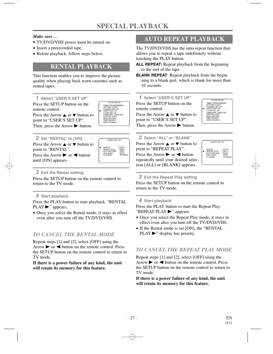 Special playback, Rental playback, Auto repeat playback | Sylvania SSC719B User Manual | Page 27 / 64