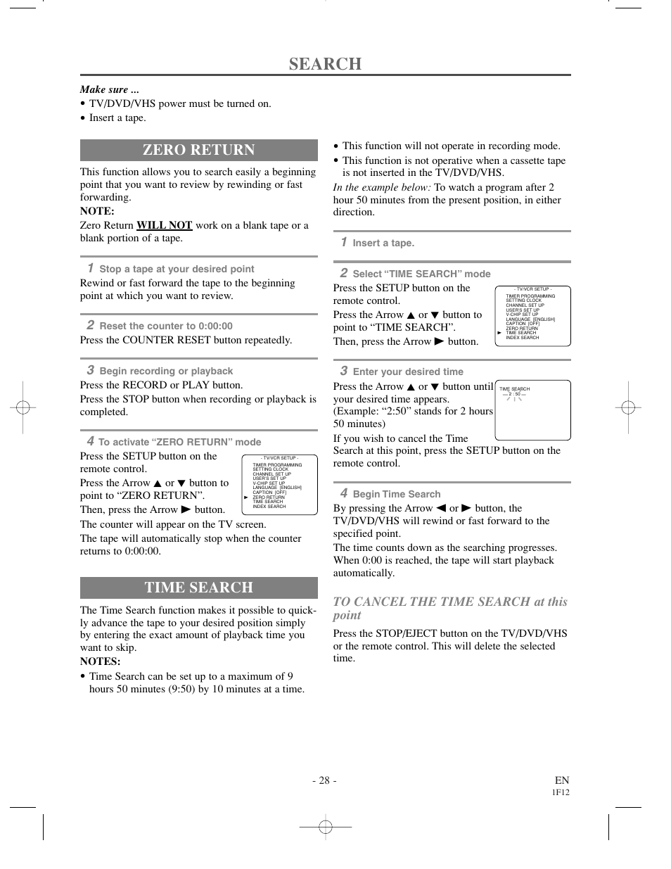 Search, Zero return, Time search | Sylvania SSC719B User Manual | Page 28 / 64