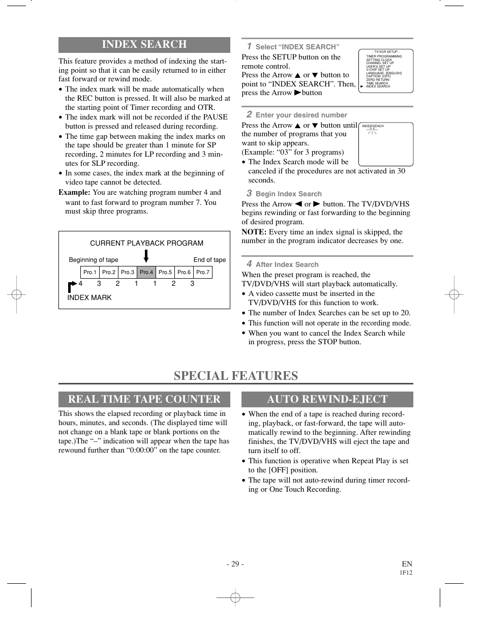 Special features, Index search, Real time tape counter | Auto rewind-eject | Sylvania SSC719B User Manual | Page 29 / 64