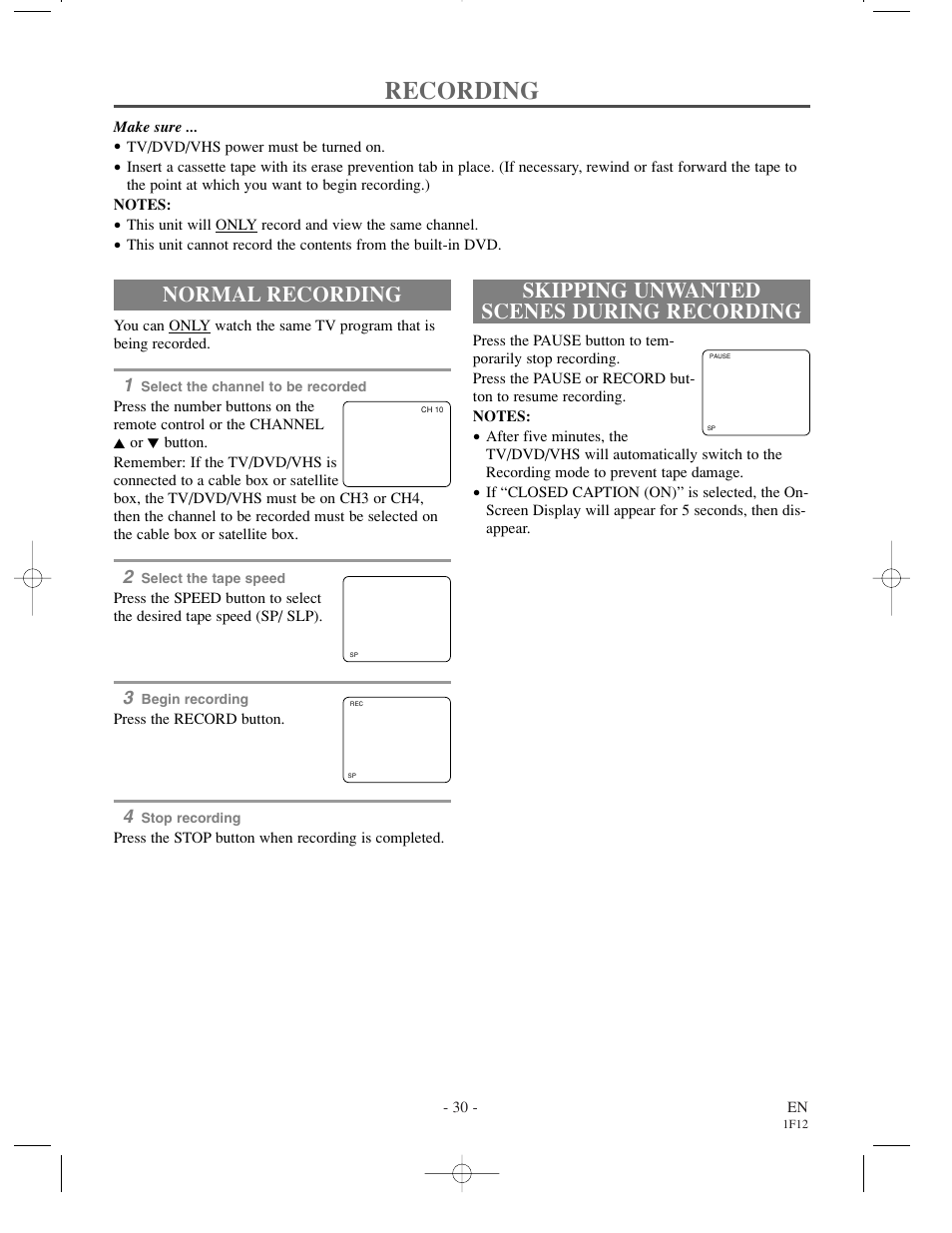 Recording, Normal recording, Skipping unwanted scenes during recording | Sylvania SSC719B User Manual | Page 30 / 64