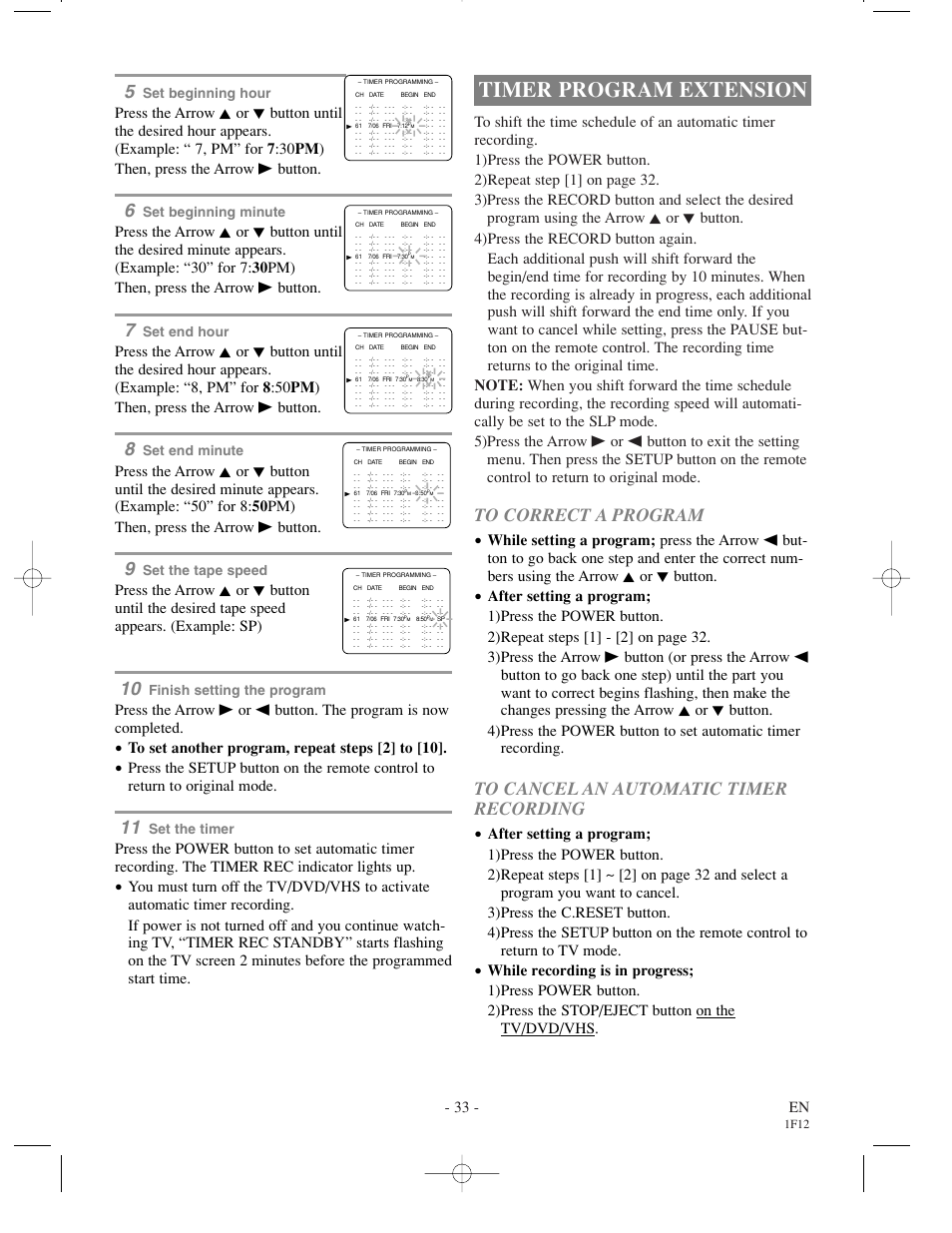 Timer program extension, 33 - en, Set beginning hour | Set beginning minute, Set end hour, Set end minute, Set the tape speed, Finish setting the program, Set the timer, 1f12 | Sylvania SSC719B User Manual | Page 33 / 64