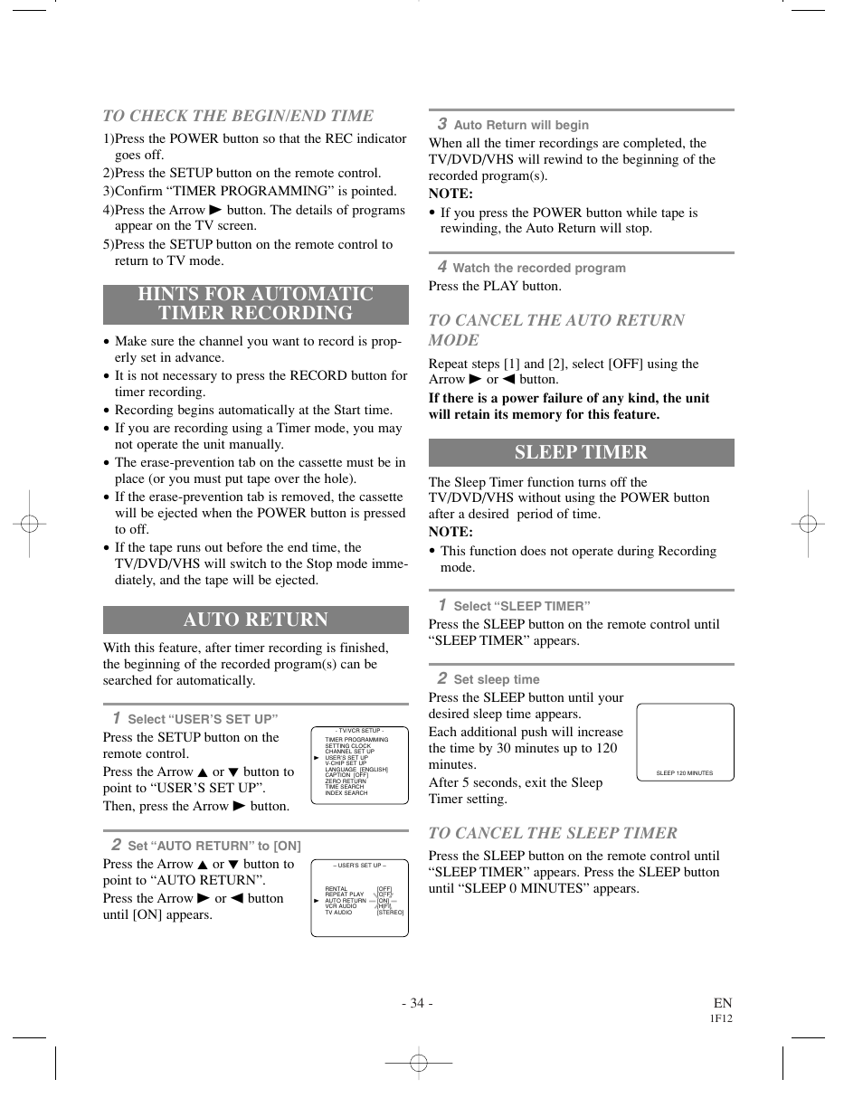 Hints for automatic timer recording, Auto return, Sleep timer | Sylvania SSC719B User Manual | Page 34 / 64